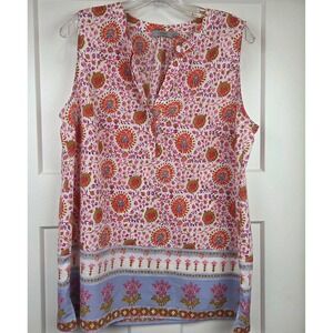 Dalia Bright Floral Print Sleeveless V-Neck Top Blouse Women Large